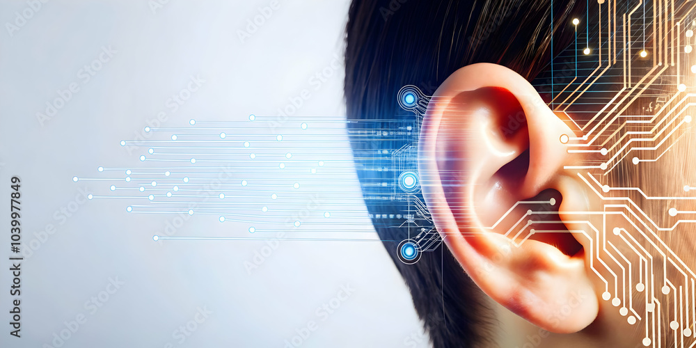 Poster close up human ear sound waves circuit overlay macro image enhanced communication technology concept