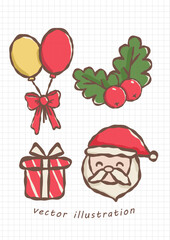 Cute Christmas Set of Santa, Gift Box, Balloons, and Holly for Festive Designs