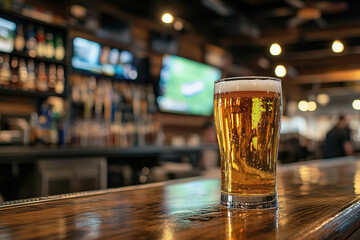 A glass of foamy light beer on the bar counter in a sports bar.