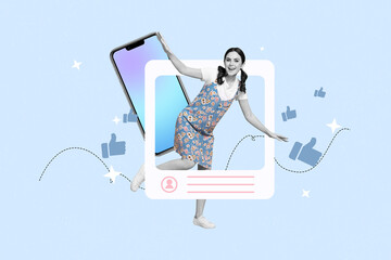 Composite trend artwork collage of app image frame blogger profile young lady jump thumb like...