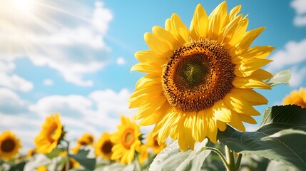 Obraz premium Macro close-up of a vibrant sunflower with golden yellow petals and a rich brown center against a clear blue sky with fluffy white clouds, featuring vivid colors and sharp focus.
