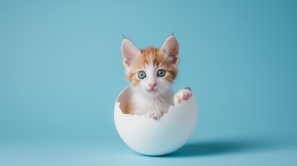 Baby cat on cracked eggshell isolated on blue background. The minimalist scene highlights the charm of baby animals, suitable for pet, playful, or children&rsquo;s content