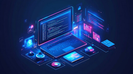 Glow network 3D AI tools for code writing, development and analysis. Artificial intelligence technology in business concept. Vector isometric illustration.