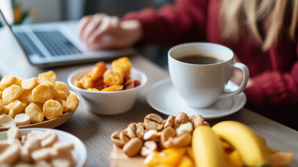 Fototapeta premium person is focused on typing on laptop while enjoying cup of coffee, surrounded by variety of snacks including fruits and nuts, creating cozy and productive atmosphere