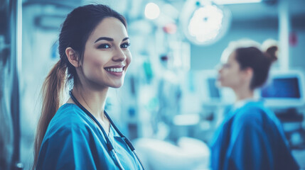 Fototapeta premium smiling healthcare professional in hospital setting, wearing scrubs and stethoscope, exudes confidence and compassion while attending to patients