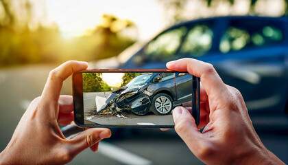Mobile phone taking pictures of car accidents insurance concept.