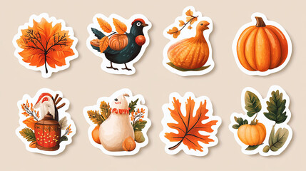 Thanksgiving stickers. Vector icon set of autumn elements with roast turkey, cartoon pumpkin food, wine, candles, pilgrim hat, pie. Happy Thanksgiving day. Harvest festival. Autumn greeting card