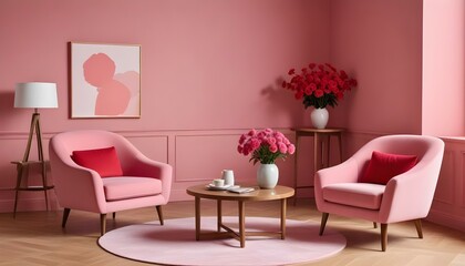 A modern living room with pink walls , two pink armchairs , a round wooden coffee table , and a vase of red flowers on the table.