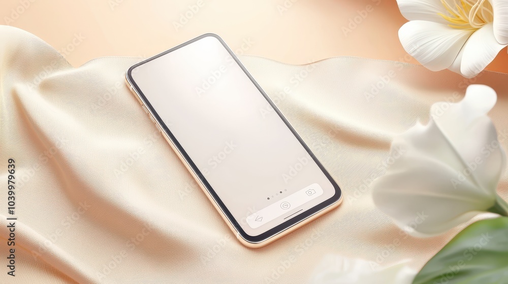 Poster clean and elegant smartphone mockup on a soft fabric surface, highlighting an app interface.