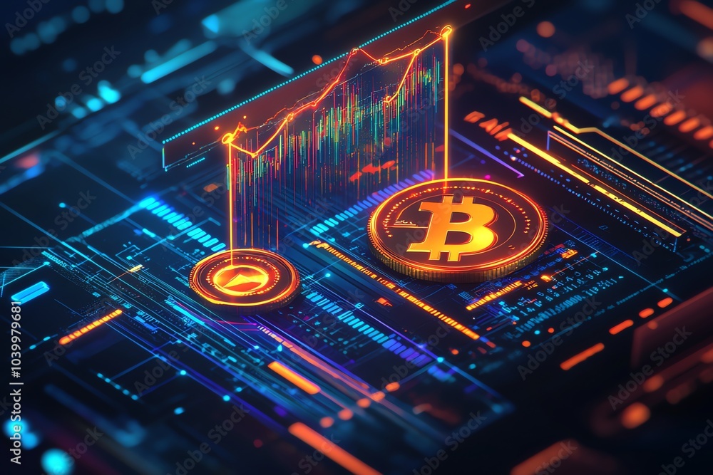 Aufkleber bitcoin cryptocurrency coin with a rising graph on a digital circuit board background.