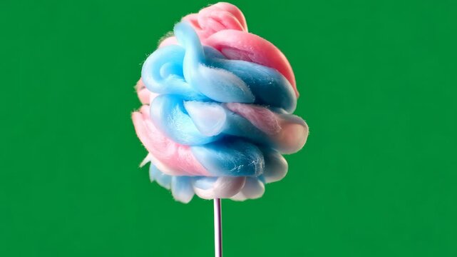Colorful cotton candy creation at a fairground in summer. Green screen.