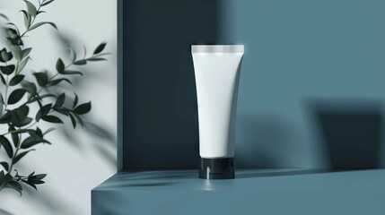 White tube on blue background. A simple and sleek white tube of lotion or cream sits on a blue surface, with a green plant in the background. The image evokes feelings of freshness and cleanliness.