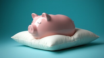 Pink piggy bank sleeping on a white pillow