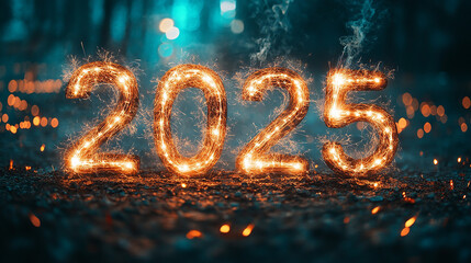 Happy New Year 2025 Beautiful Holiday greeting card with text congratulations Happy New Year 2023 on blue Festive background. Abstract blurred bokeh firework new year neon light Web banner.