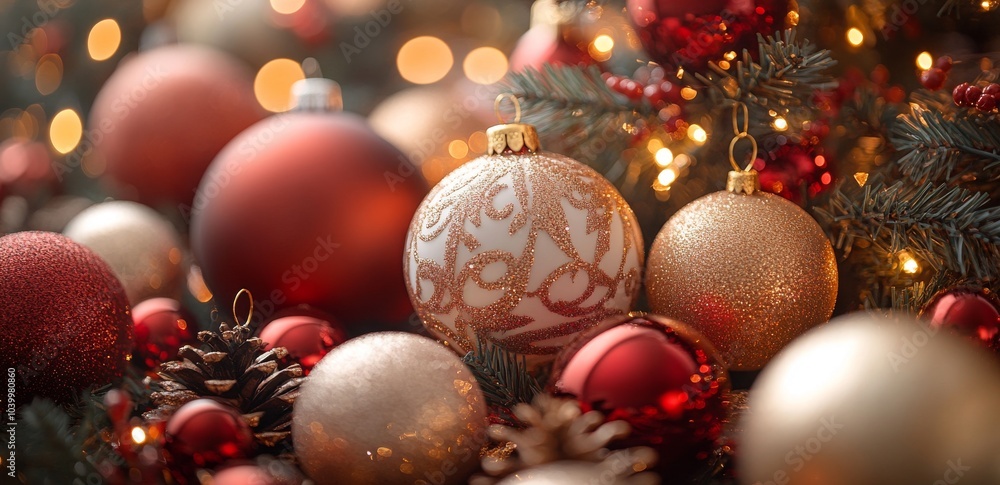 Poster the background of this greetings card has bokeh blurred lights on a christmas tree with baubles. the