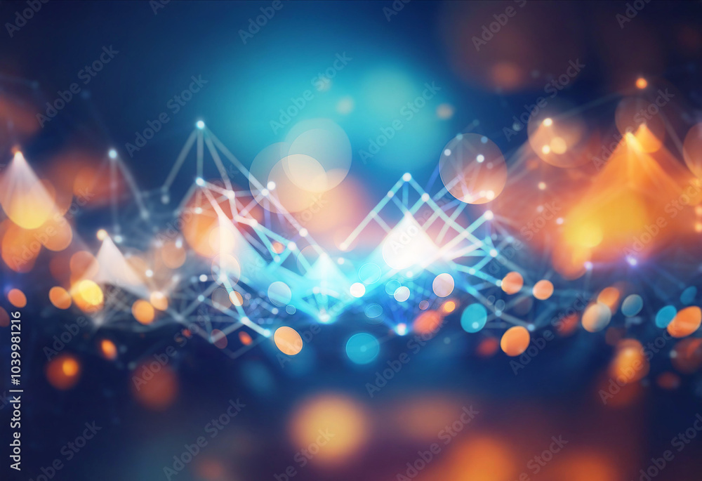 Poster abstract geometric pattern of glowing connected lines and dots on a dark blue background.