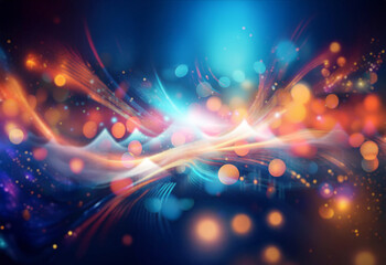 Abstract background of colorful flowing lines and sparkling particles.