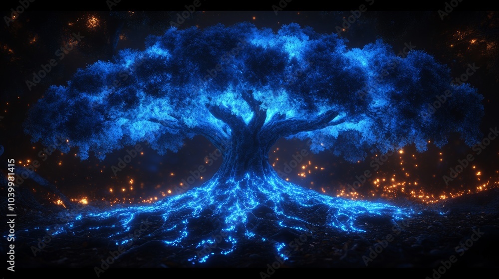 Poster technology shows connections and connections on a network in the form of a single tree with roots