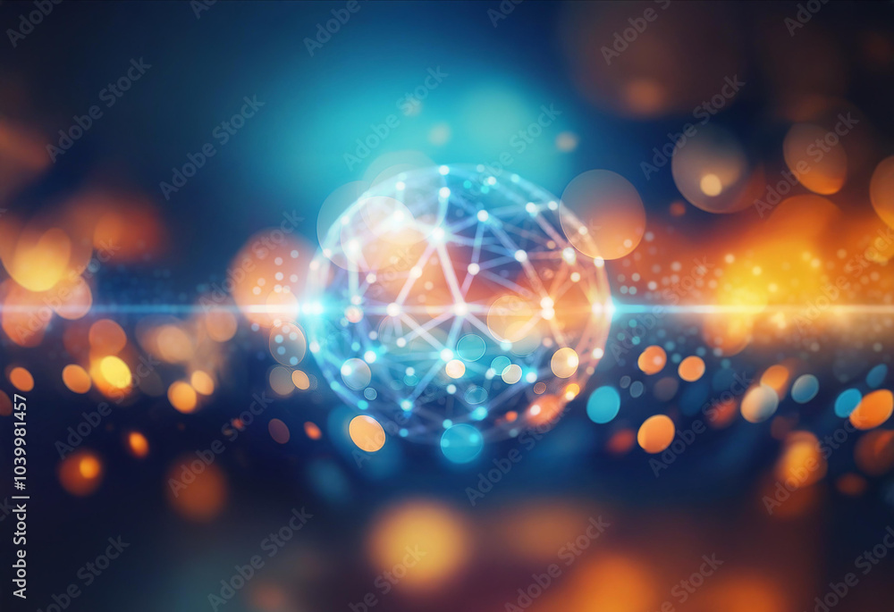 Poster a glowing blue and orange sphere with a constellation of connected lines and dots set against a dark