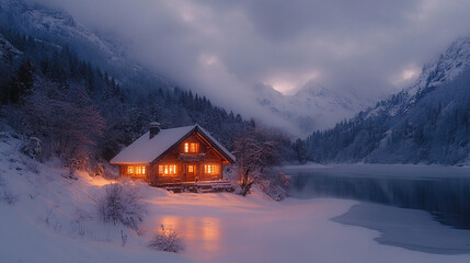 Fototapeta premium Old snow-covered house in the mountains close-up
