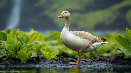 A graceful bird standing on a rocky shore surrounded by greenery.