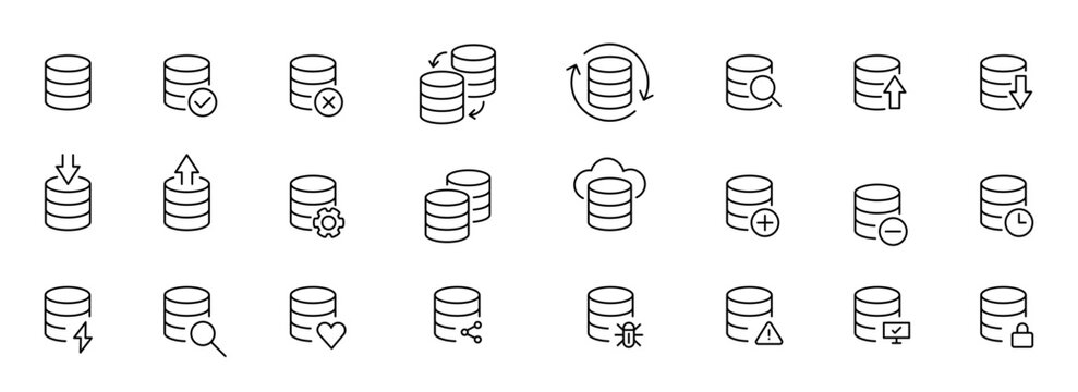 Database icon set. Storage, server symbol. Database outline icons. Vector icons