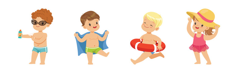 Cute Kids at Beach and Seaside Have Summer Vacation Vector Set