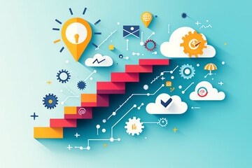 Fototapeta premium Stairway expanding from a small block, stepbystep growth and potential, flat design illustration