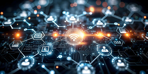 Soft Abstract Digital Lines Customer Support AI Icons Interconnectedness Bokeh Background Concept - Perfect for Illustrating AI Customer Service Strategies in Stock Photo Collections