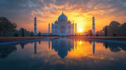 Fototapeta premium realistic illustration of the taj mahal at sunrise its white marble reflecting golden hues surrounded by lush gardens and water features evoking a sense of grandeur and tranquility