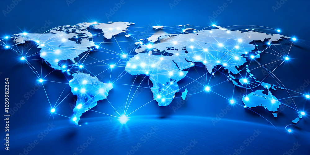 Poster plain blue background glowing network nodes global connectivity smart cities copy space design for a