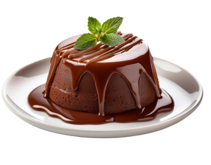 Rich and decadent chocolate lava cake featuring a mint garnish on a white background