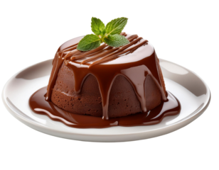 Rich and decadent chocolate lava cake featuring a mint garnish on a white background