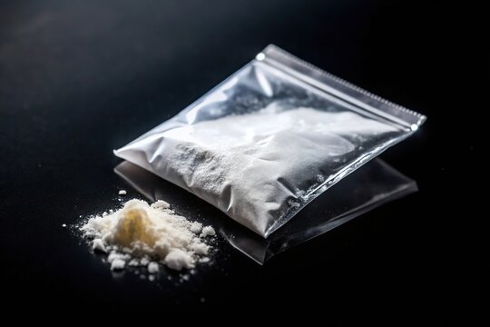 Cocaine in plastic packet on black background