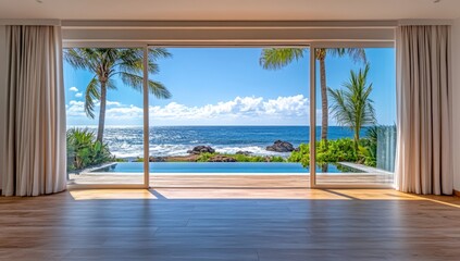 A large open living room with a view of the ocean