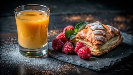 Fresh Orange Juice with Raspberries and Pastry on Slate Surface - Bokeh Effect