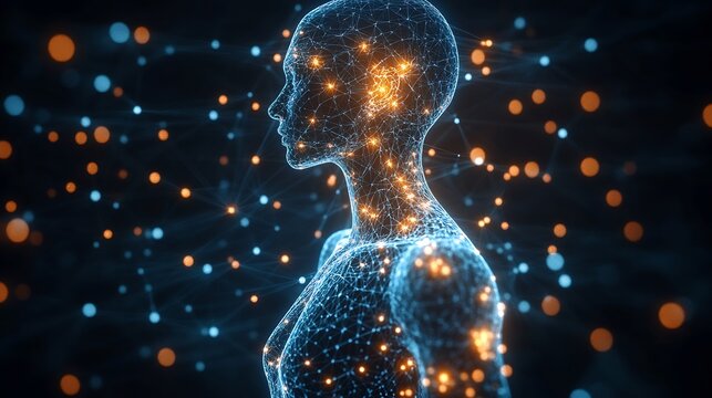 Digital silhouette of human body glowing with energy nodes representing the concept of health hacking and life optimization with symbols for nutrition exercise and mental wellness intertwined