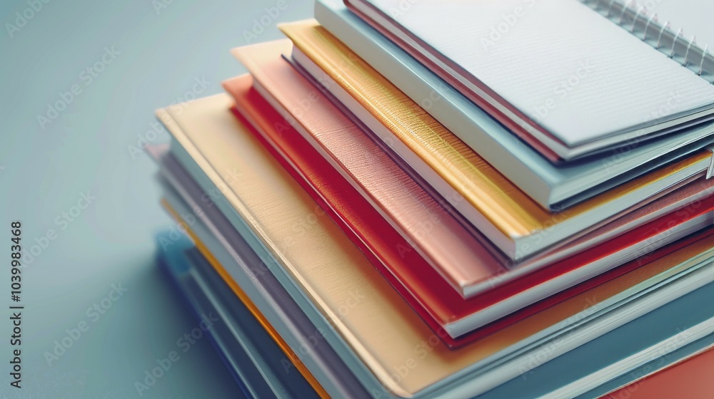 Poster colorful stack of notebooks. a stack of colorful notebooks, representing knowledge, organization, an