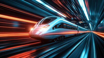 High-speed train in motion at night, neon light trails travel concept