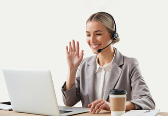 Friendly Woman Waving During Virtual Meeting