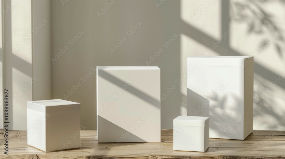 Poster white boxes sunlight minimalist. simple product display with four white boxes on a wooden surface. t