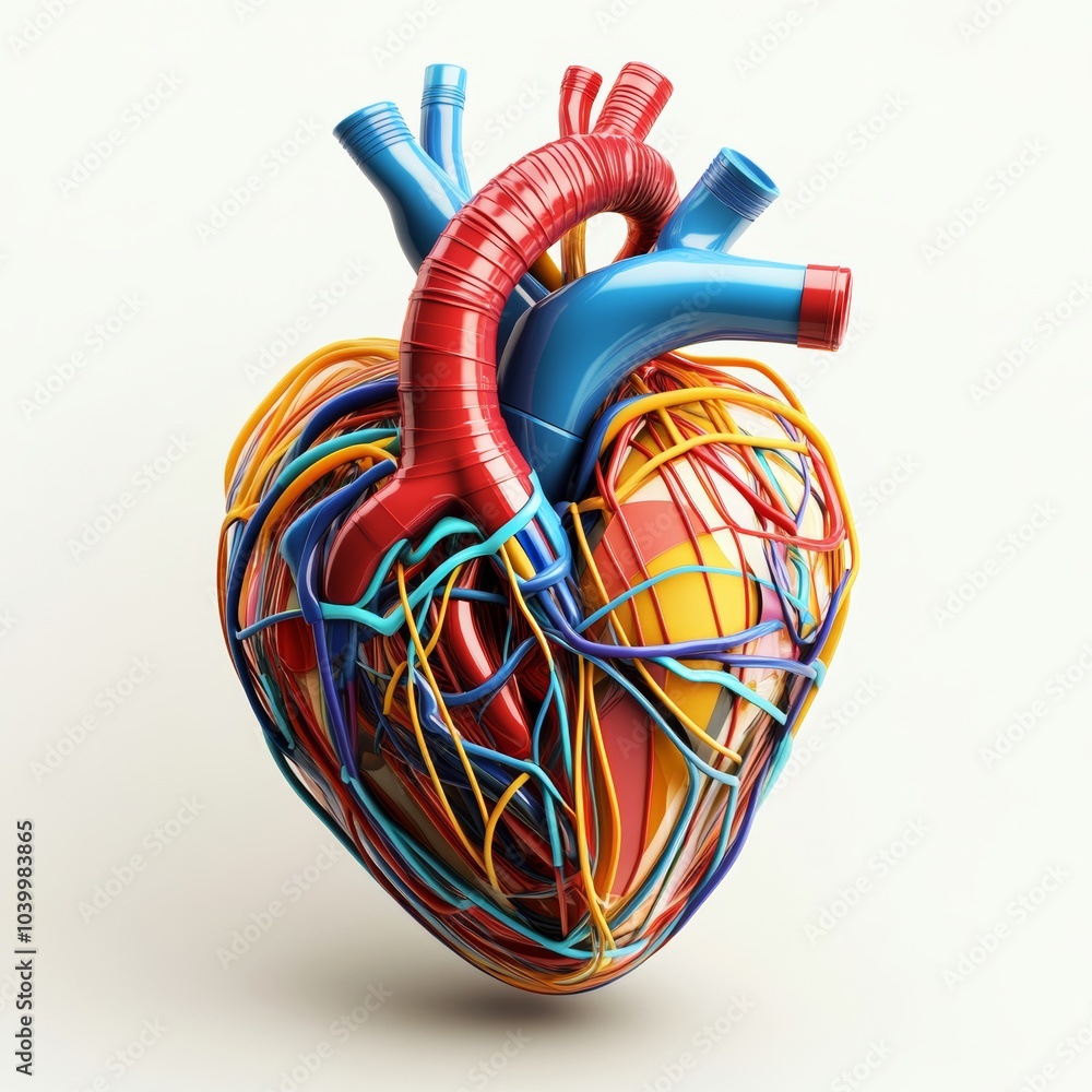 Poster abstract 3d icon of a heart with data lines, symbolizing health technology and monitoring, isolated 