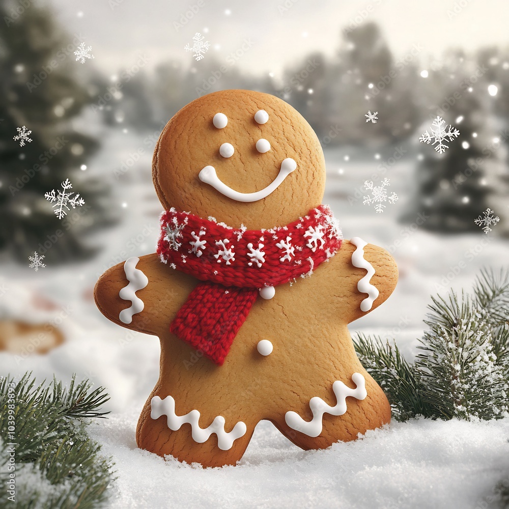 Aufkleber smiling gingerbread man cookie wearing red scarf in a snowy field snowflakes sparkle around him with