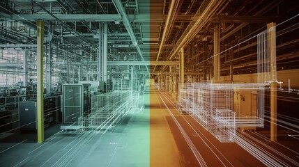 Fototapeta premium Split-Screen Comparison of Physical Factory and Digital 3D Model