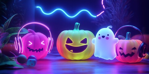 Adorable Halloween food characters, like pumpkins and candy, dancing with a cute ghost wearing neon headphones, audio waves glowing in neon, fun and festive vibe