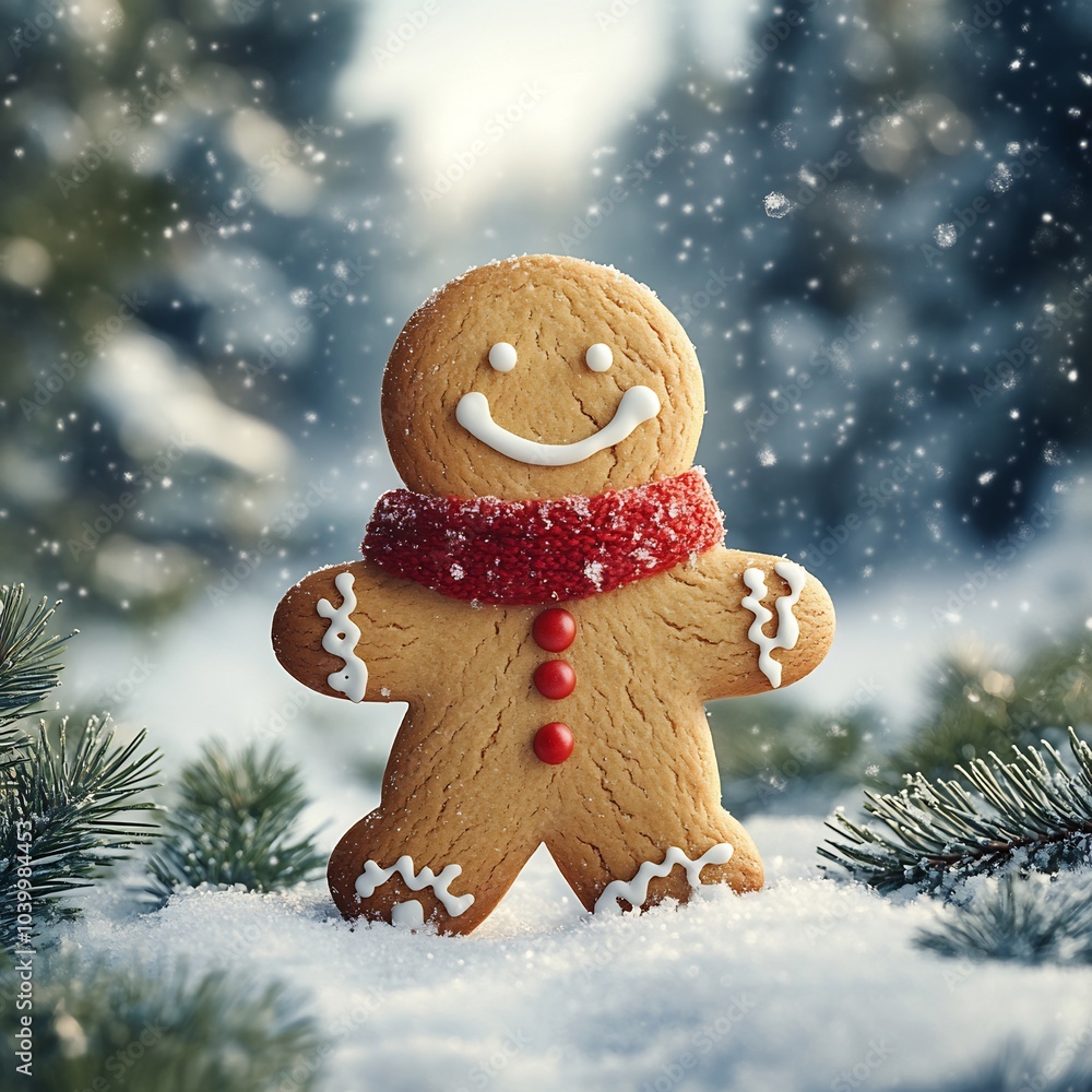 Aufkleber smiling gingerbread man cookie wearing red scarf in a snowy field snowflakes sparkle around him with