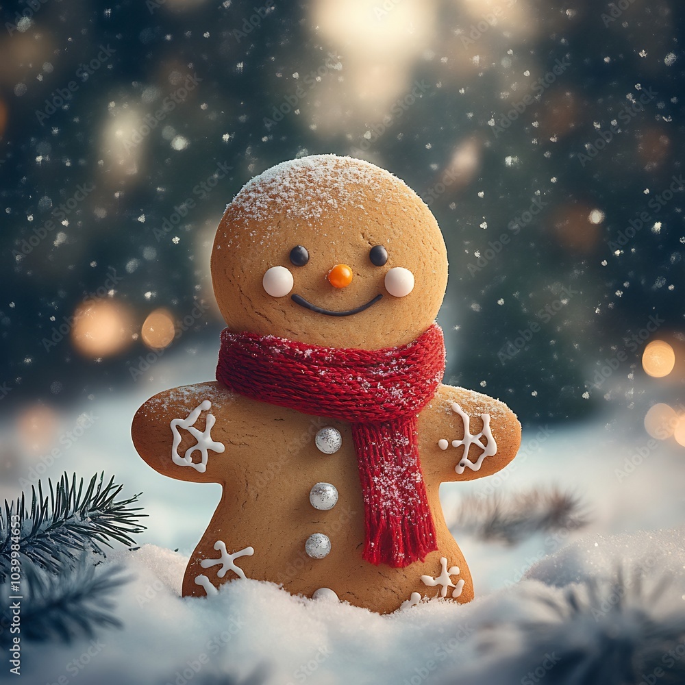 Aufkleber smiling gingerbread man cookie wearing red scarf in a snowy field snowflakes sparkle around him with