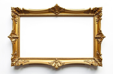 Old antique gold vintage decorative frame horizontal format on white background. Stylish classic gold painting, carved design patterns