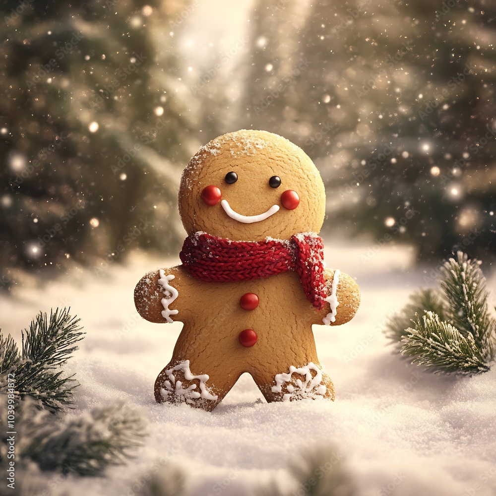 Aufkleber smiling gingerbread man cookie wearing red scarf in a snowy field snowflakes sparkle around him with