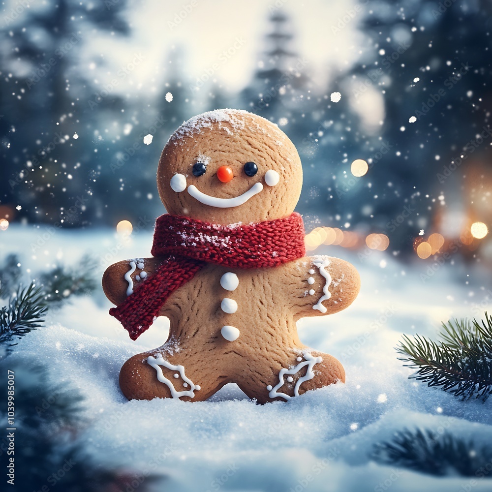 Aufkleber smiling gingerbread man cookie wearing red scarf in a snowy field snowflakes sparkle around him with